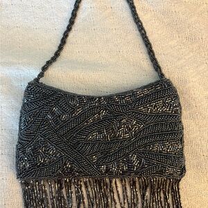 Cache Pewter Beaded Evening Bag with Fringe